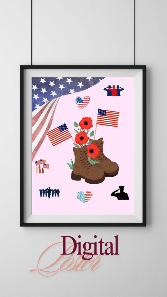 Memorial Day Printable Poster - Patriotic Digital Art Digital product memorial-day-printable-poster-veteran-boots-flags-poppies My Store
