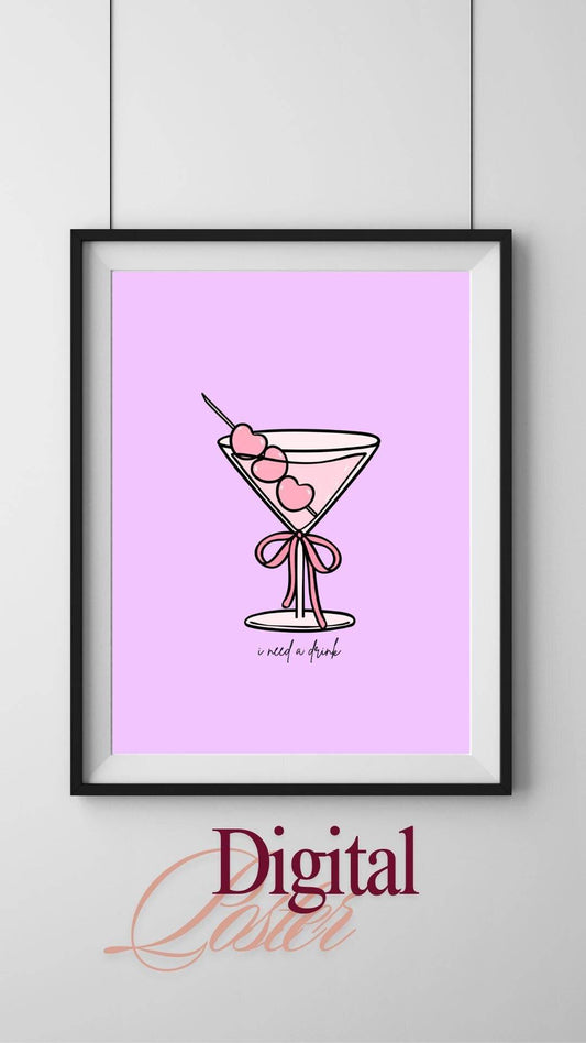 Pink Cocktail Wall Art Digital Download Digital product minimalist-pink-cocktail-wall-art-digital-download-framed-poster-pink-background My Store
