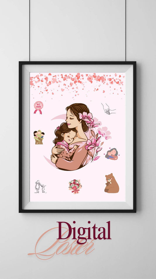 Mother and Daughter Hug Art Download - Digital Print Digital product mother-and-daughter-hug-art-download-framed-poster-pink-flowers My Store