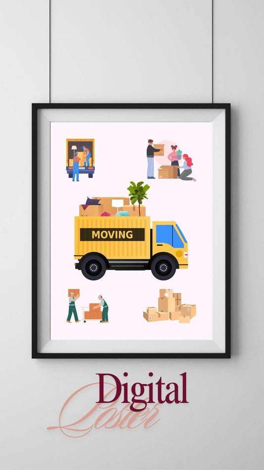 Moving Day Wall Art Print Digital Download Digital product moving-day-wall-art-print-yellow-moving-truck-boxes My Store