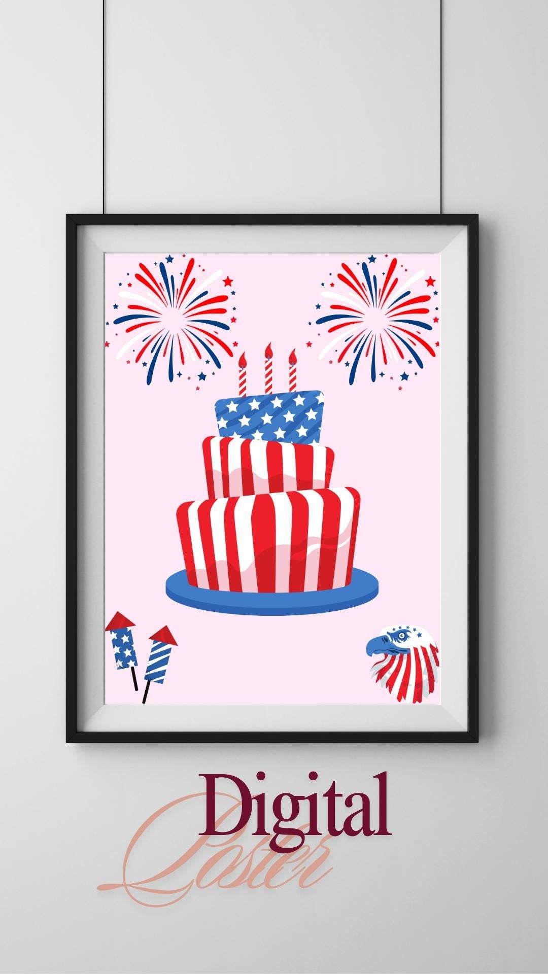 Patriotic Independence Day Poster - Digital Download Digital product patriotic-independence-day-poster-striped-cake-fireworks My Store