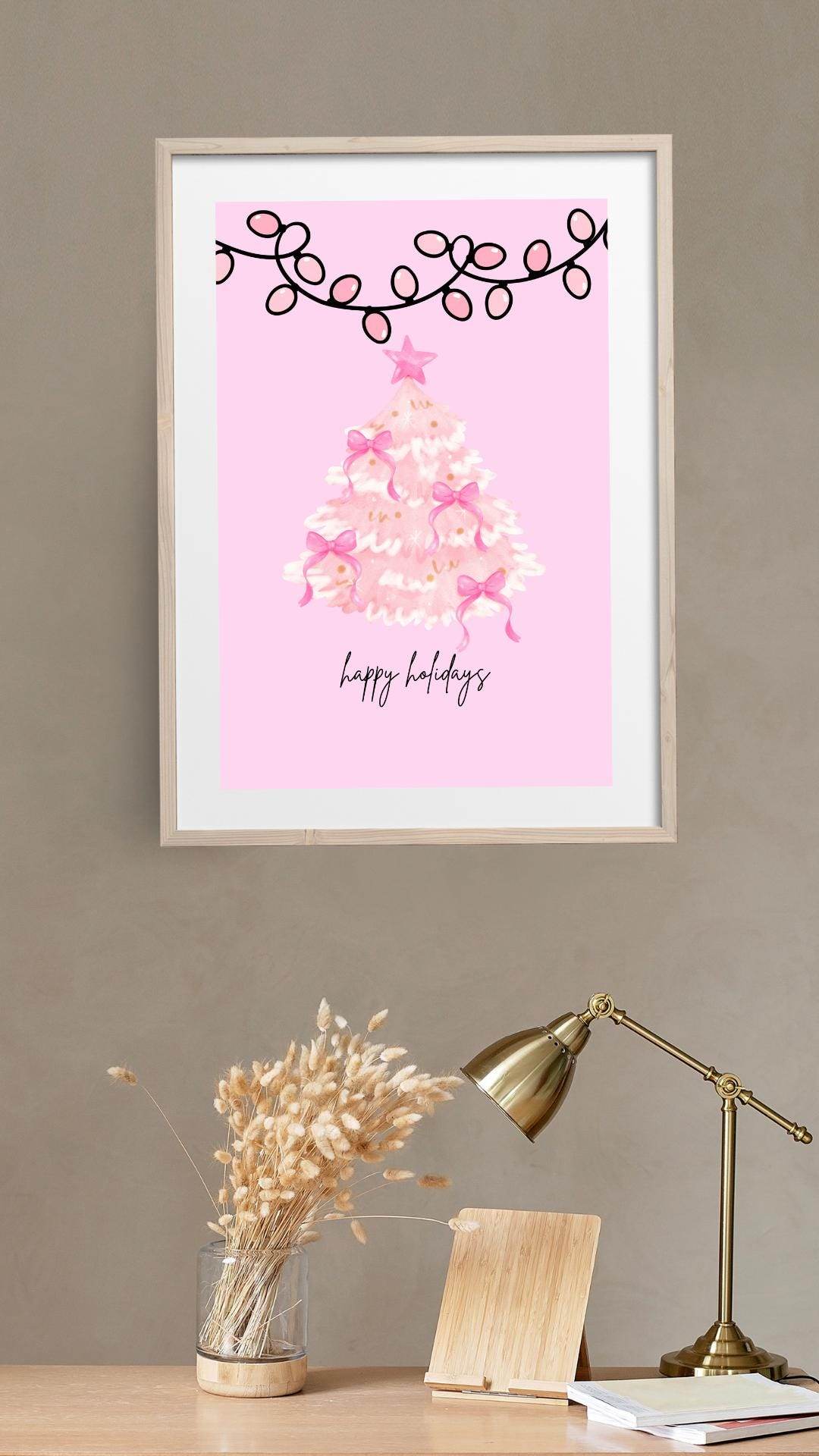 Pink Christmas Tree Wall Art Digital Download Digital product pink-christmas-tree-wall-art-framed-print-wooden-frame My Store
