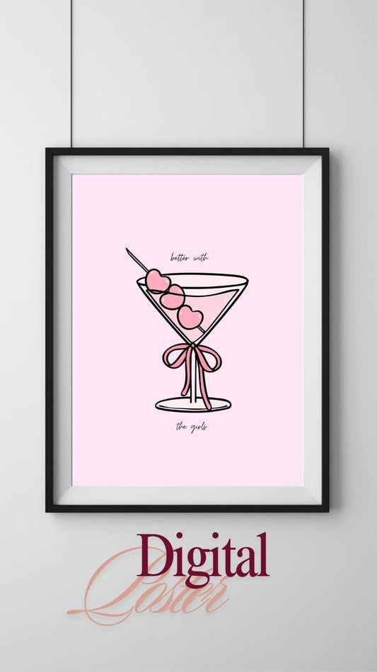 Pink Cocktail Digital Print - Stylish Digital Art Digital product pink-cocktail-digital-print-hearts-glass-ribbon My Store