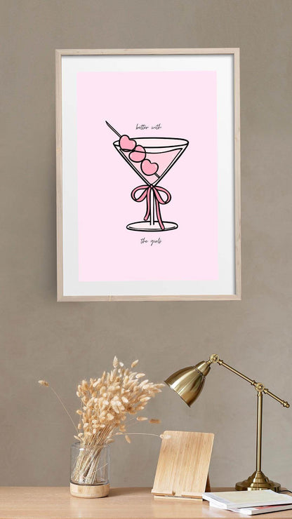 Pink Cocktail Digital Print - Stylish Digital Art Digital product pink-cocktail-digital-print-light-wooden-frame-wall My Store