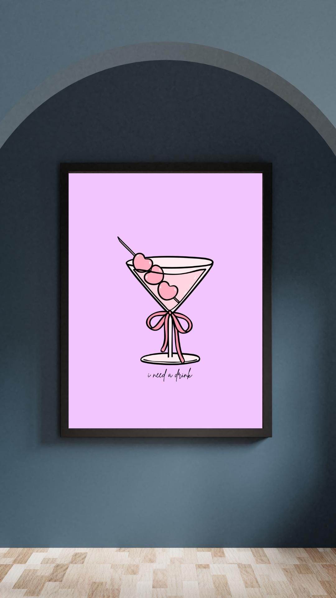 Pink Cocktail Wall Art Digital Download Digital product pink-cocktail-wall-art-digital-download-framed-poster-black-frame-dark-background My Store