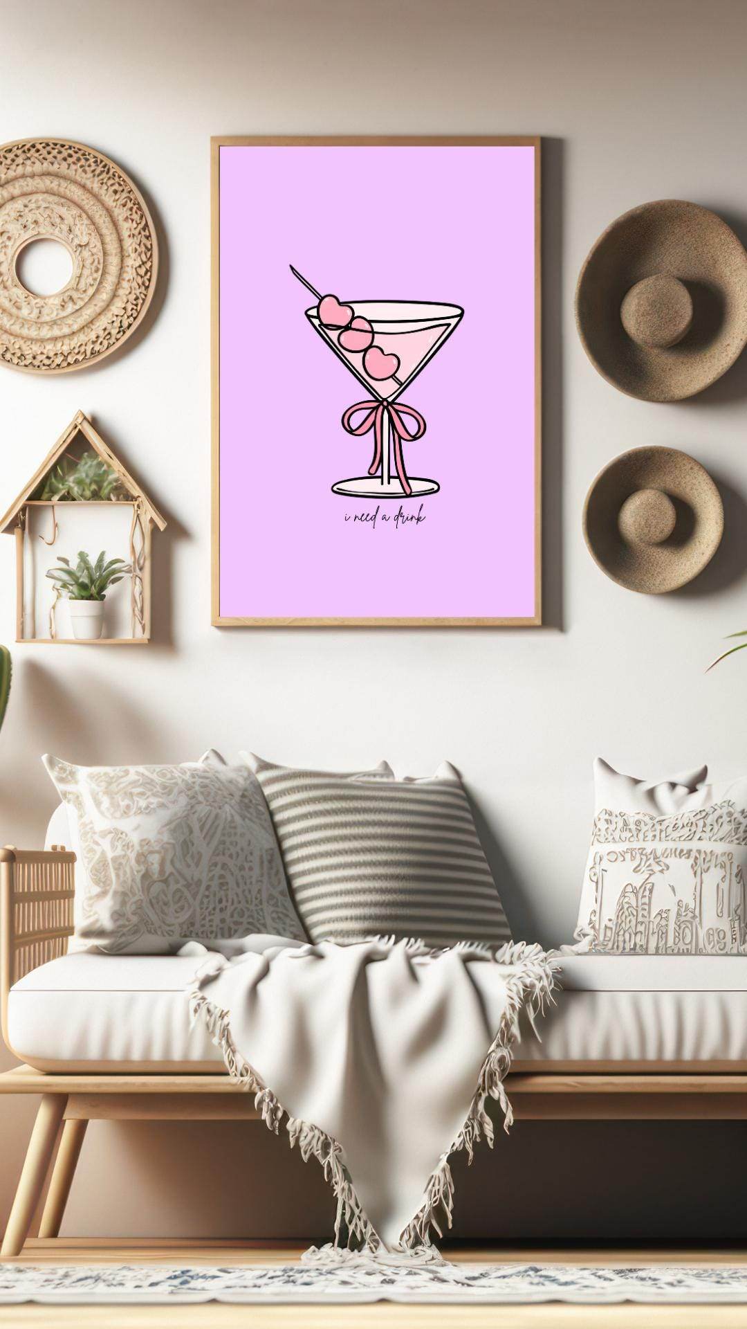Pink Cocktail Wall Art Digital Download Digital product pink-cocktail-wall-art-digital-download-framed-poster-boho-style-living-room My Store