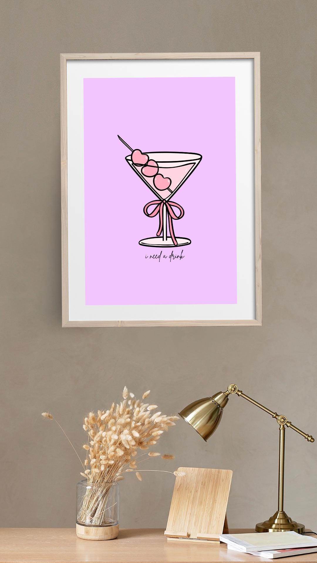 Pink Cocktail Wall Art Digital Download Digital product pink-cocktail-wall-art-digital-download-framed-poster-natural-wood-frame-lamp-decor My Store