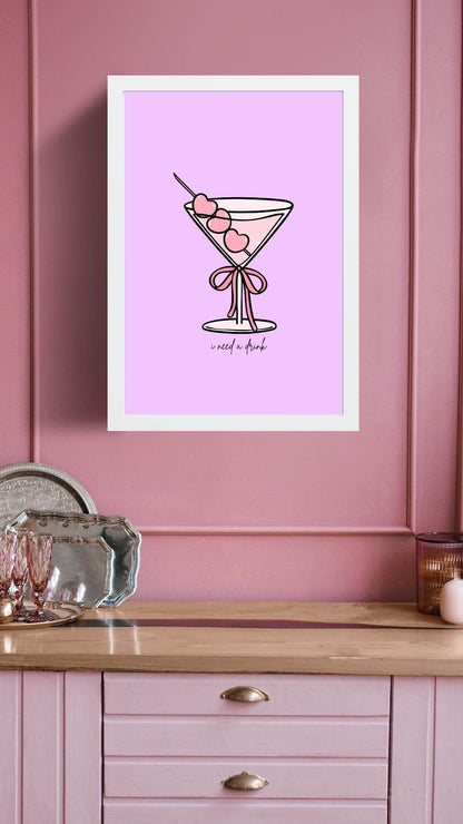 Pink Cocktail Wall Art Digital Download Digital product pink-cocktail-wall-art-digital-download-framed-poster-pink-wallside-metal-tray-glasses My Store