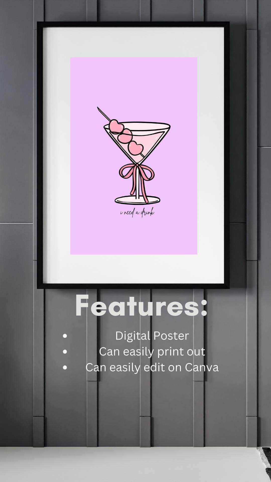 Pink Cocktail Wall Art Digital Download Digital product pink-cocktail-wall-art-digital-download-framed-poster-white-mat-text-features My Store