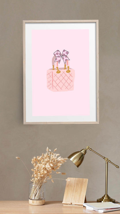 Pink Handbag Wall Art Printable - Digital Download Digital product pink-handbag-wall-art-printable-framed-poster-light-wood-background My Store