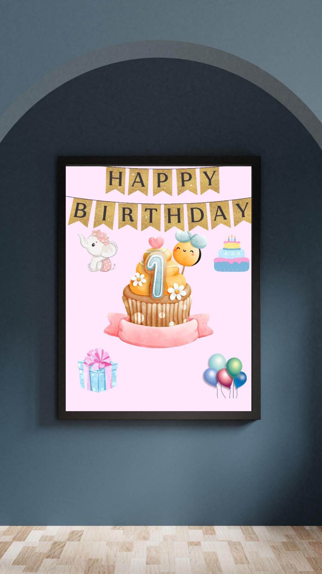 1st Birthday Poster Printable Cute Cupcake Design Digital product printable-1st-birthday-poster-cupcake-banner-framed-black My Store