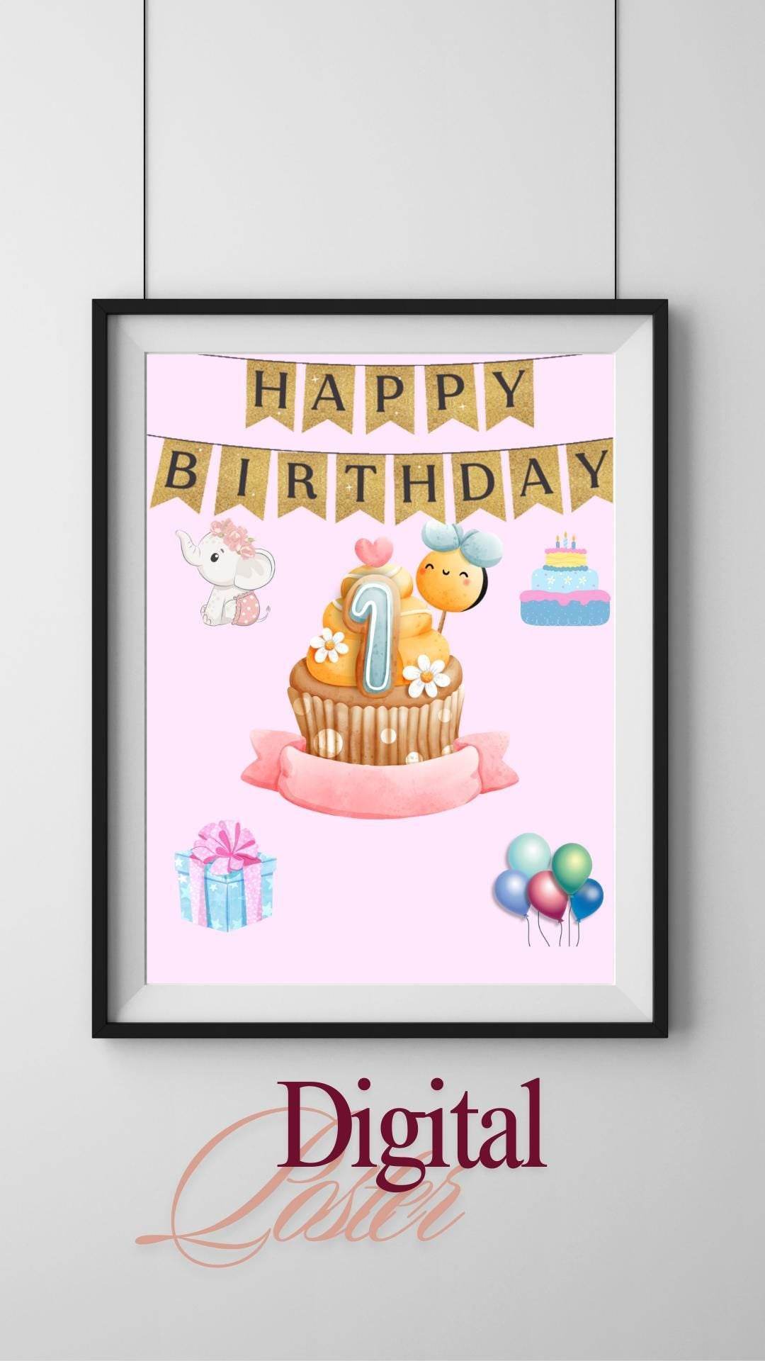 1st Birthday Poster Printable Cute Cupcake Design Digital product printable-1st-birthday-poster-cupcake-banner-pink My Store