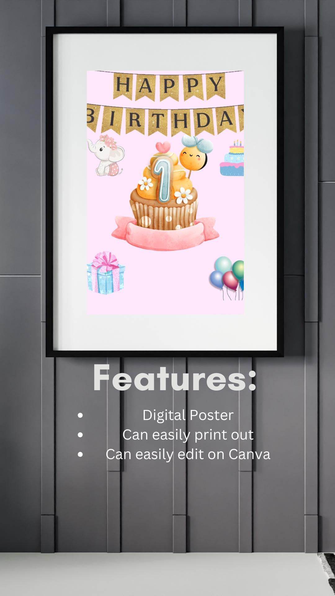 1st Birthday Poster Printable Cute Cupcake Design Digital product printable-1st-birthday-poster-digital-features-text My Store