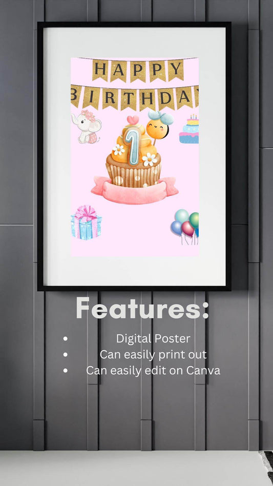 1st Birthday Poster Printable Cute Cupcake Design Digital product printable-1st-birthday-poster-digital-features-text My Store