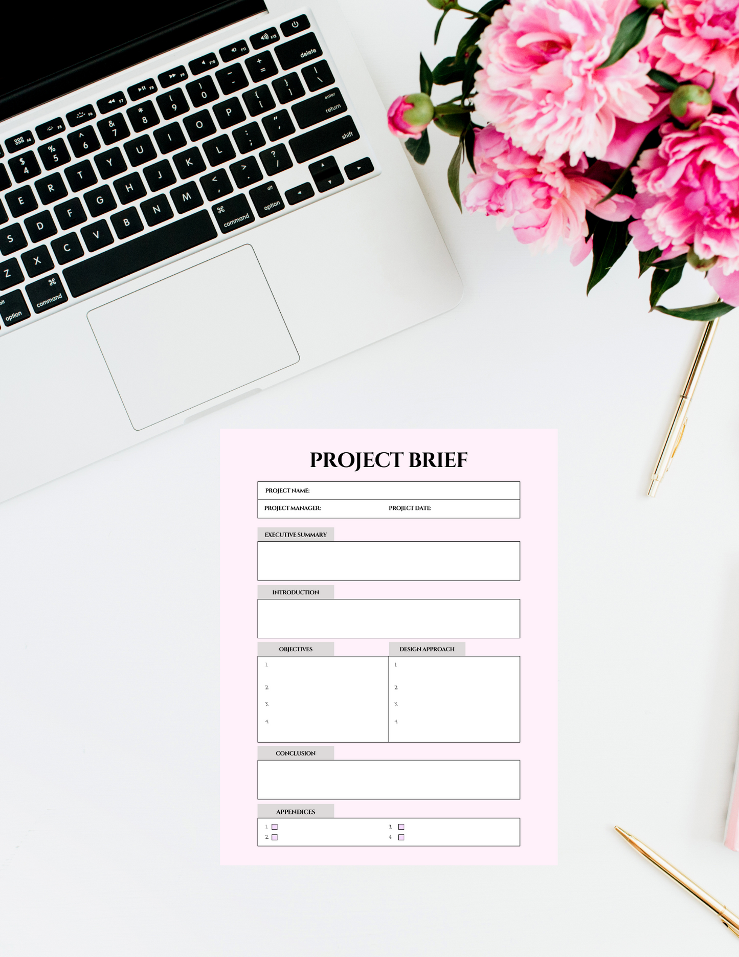 Printable Project Brief Template - Stylish & Functional Digital product printable-project-brief-template-laptop-pink-flowers-white-background GirlyDesignUS
