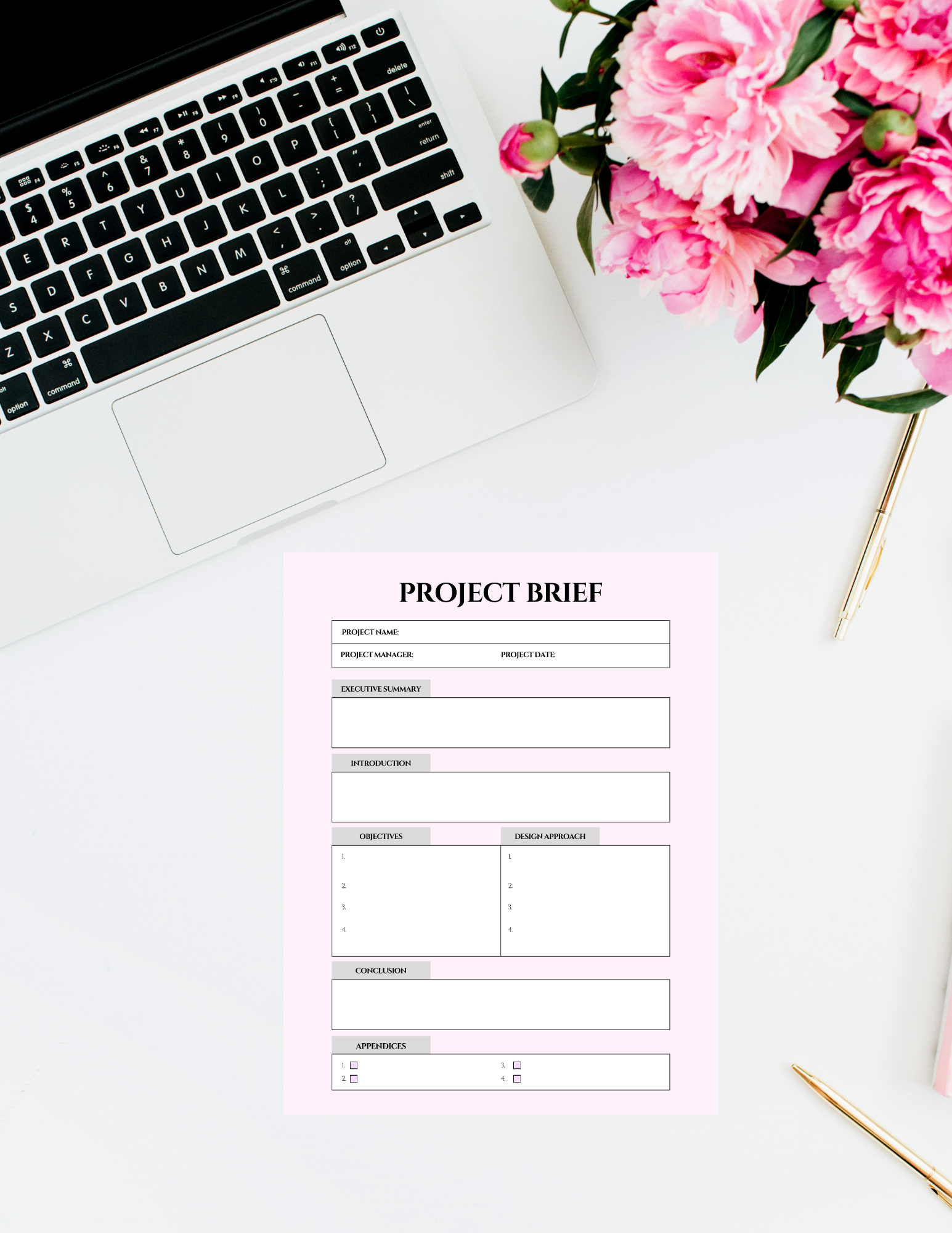 Printable Project Brief Template - Stylish & Functional Digital product printable-project-brief-template-laptop-pink-flowers-white-background GirlyDesignUS