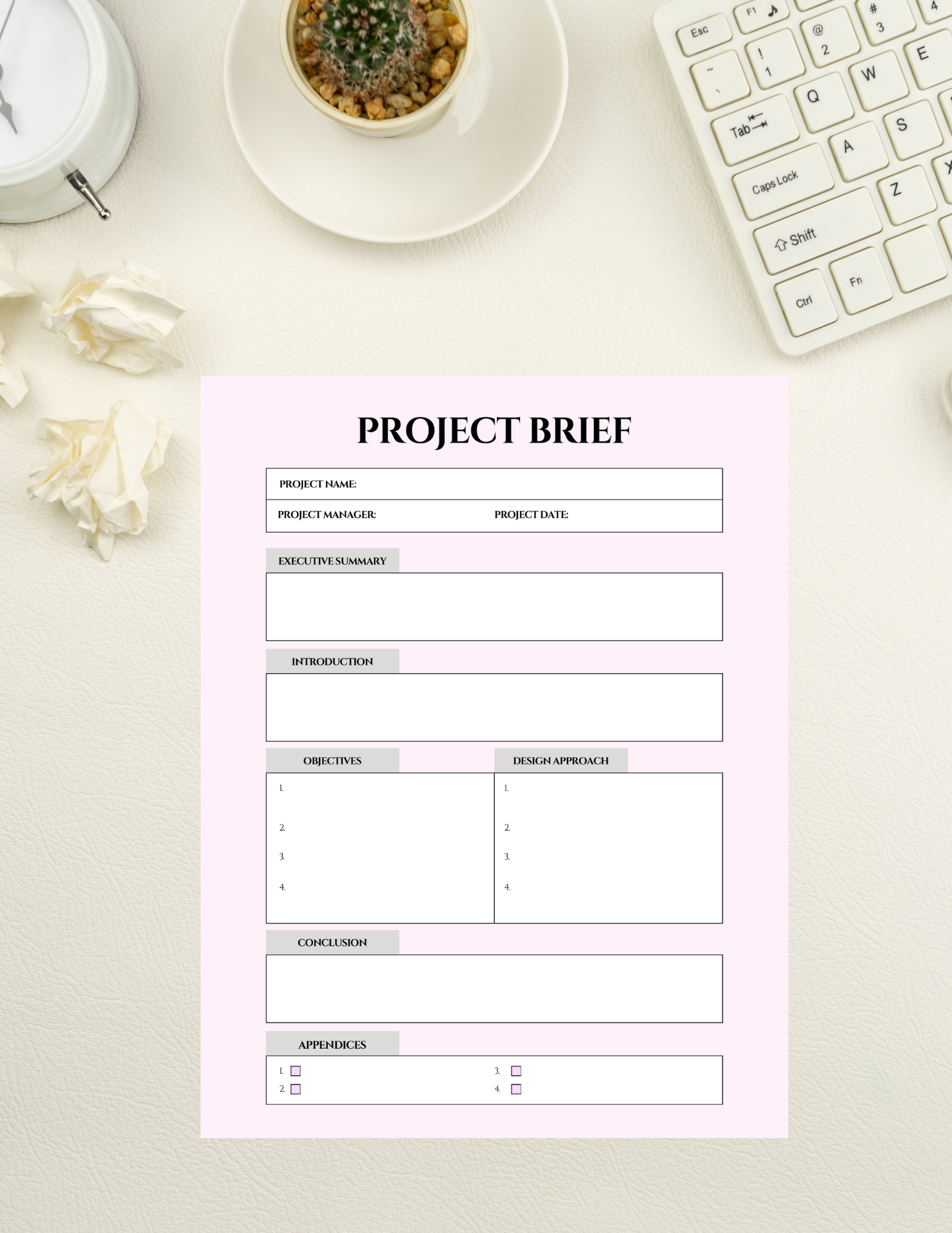 Printable Project Brief Template - Stylish & Functional Digital product printable-project-brief-template-white-desk-keyboard-crumpled-paper GirlyDesignUS