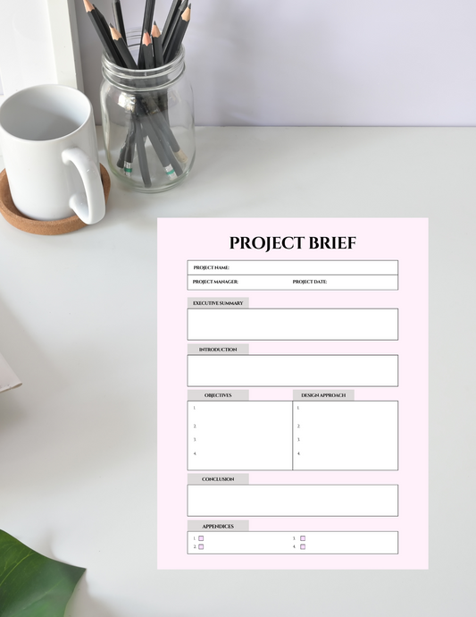 Printable Project Brief Template - Stylish & Functional Digital product printable-project-brief-template-white-desk-mug-pens-glass-jar GirlyDesignUS