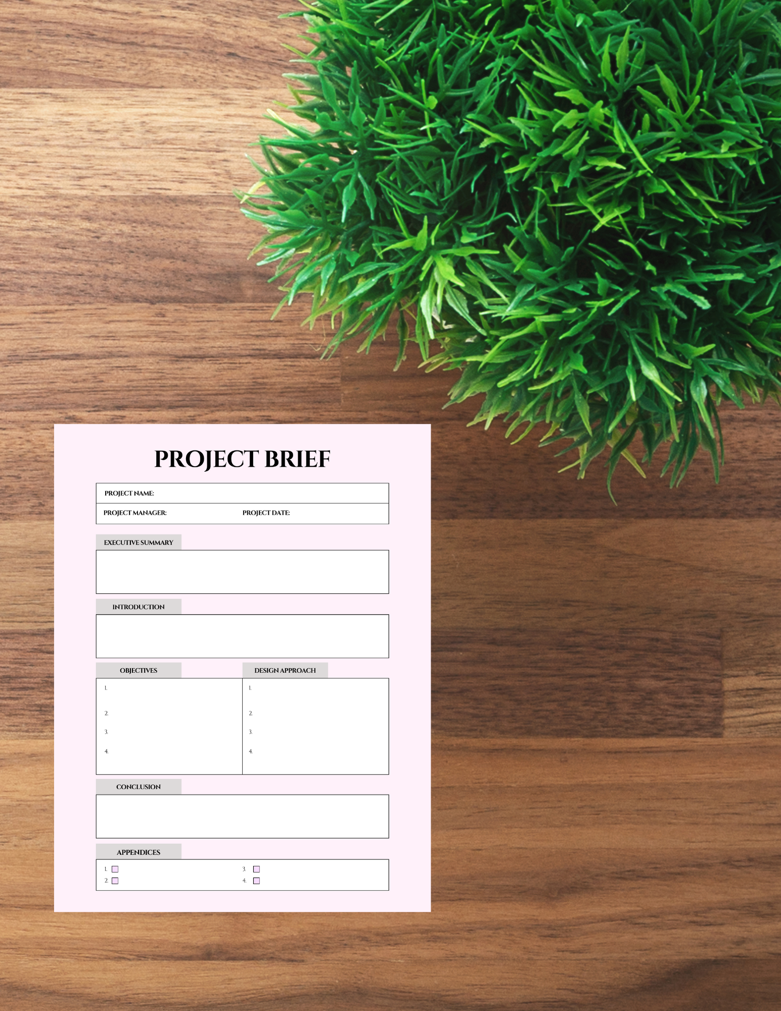 Printable Project Brief Template - Stylish & Functional Digital product printable-project-brief-template-wood-table-green-plant GirlyDesignUS