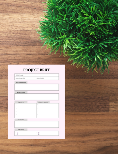 Printable Project Brief Template - Stylish & Functional Digital product printable-project-brief-template-wood-table-green-plant GirlyDesignUS