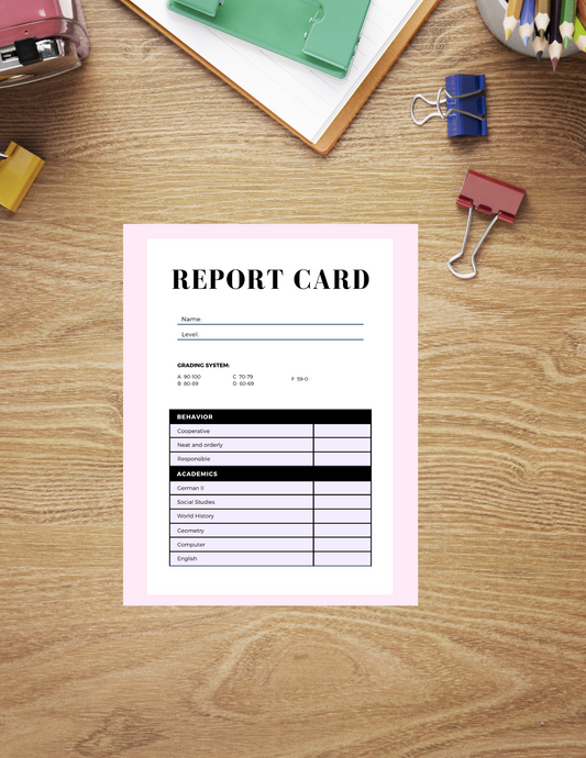 Printable Report Card Template - Instant Download Digital product printable-report-card-template-pink-border-with-office-clips GirlyDesignUS