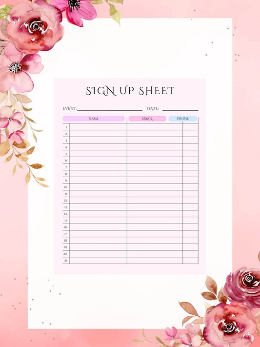 Printable Sign Up Sheet PDF - Cute Planner Template Digital product printable-sign-up-sheet-pdf-pink-header-floral-left-corner My Store