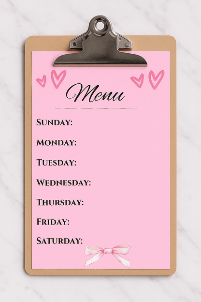 Printable Weekly Menu Planner - Digital Download Digital product printable-weekly-menu-planner-pink-paper-clipboard My Store