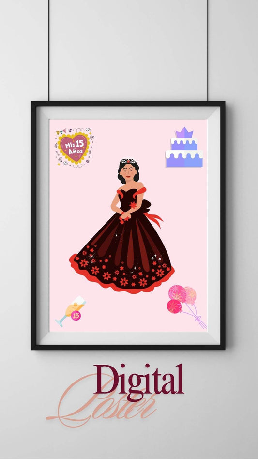 Quinceañera Birthday Poster Digital Download Digital product quinceanera-birthday-poster-girl-red-dress-pink-background My Store