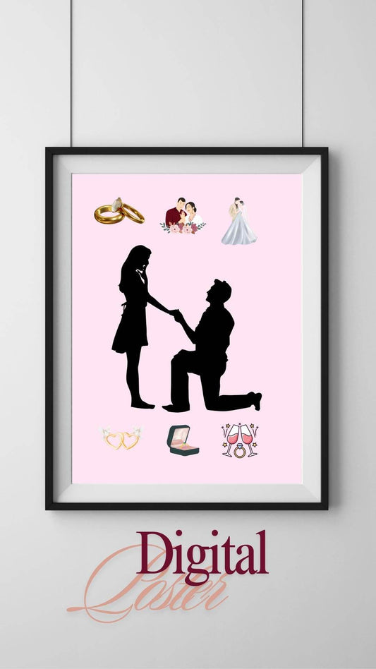 Romantic Proposal Poster Digital Art Digital product romantic-proposal-poster-couple-proposal-silhouette-pink-background My Store