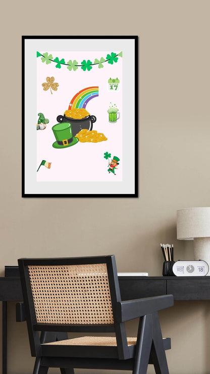 St. Patrick's Day Digital Poster with Rainbow & Gold Digital product st-patricks-day-digital-poster-office-desk-decor-black-frame My Store