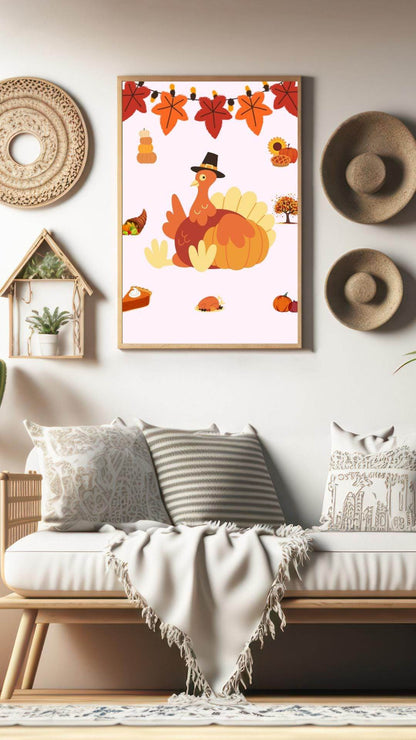 Thanksgiving Decor Digital Download - Cute Turkey Art Digital product thanksgiving-decor-digital-download-cozy-living-room-boho-style My Store