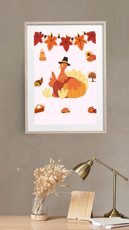 Thanksgiving Decor Digital Download - Cute Turkey Art Digital product thanksgiving-decor-digital-download-light-wood-frame-dry-flowers My Store