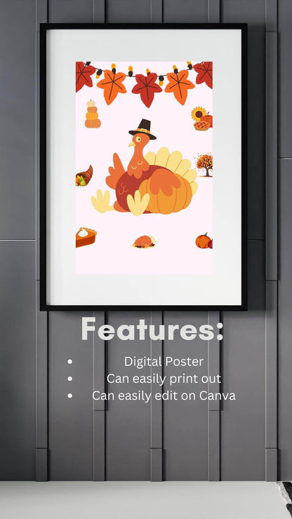 Thanksgiving Decor Digital Download - Cute Turkey Art Digital product thanksgiving-decor-digital-download-poster-features-editable-print My Store