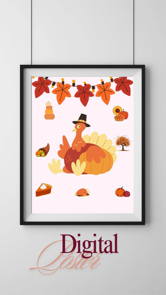 Thanksgiving Decor Digital Download - Cute Turkey Art Digital product thanksgiving-decor-digital-download-turkey-pumpkin-pie-leaf-garland My Store