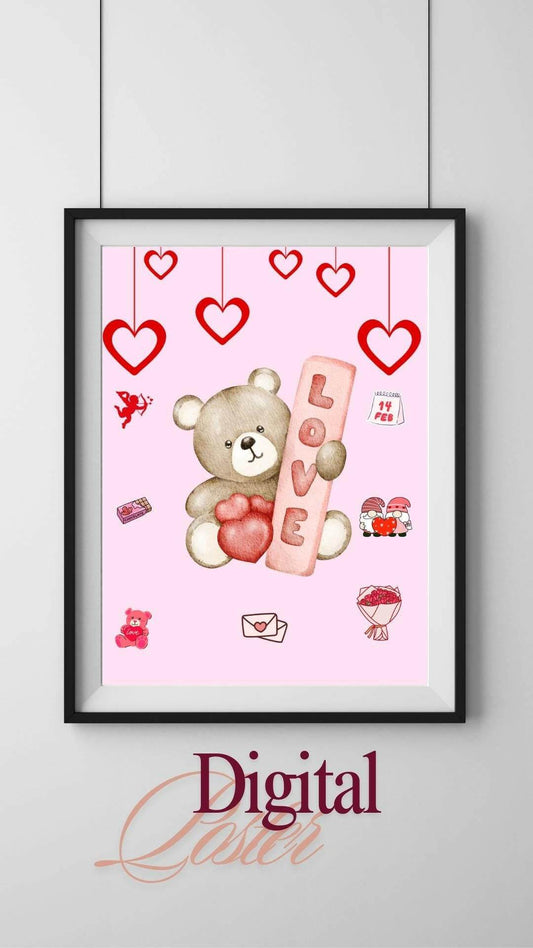 Valentine's Day Teddy Bear Wall Art Digital Download Digital product valentines-day-teddy-bear-wall-art-pink-hearts-illustration My Store