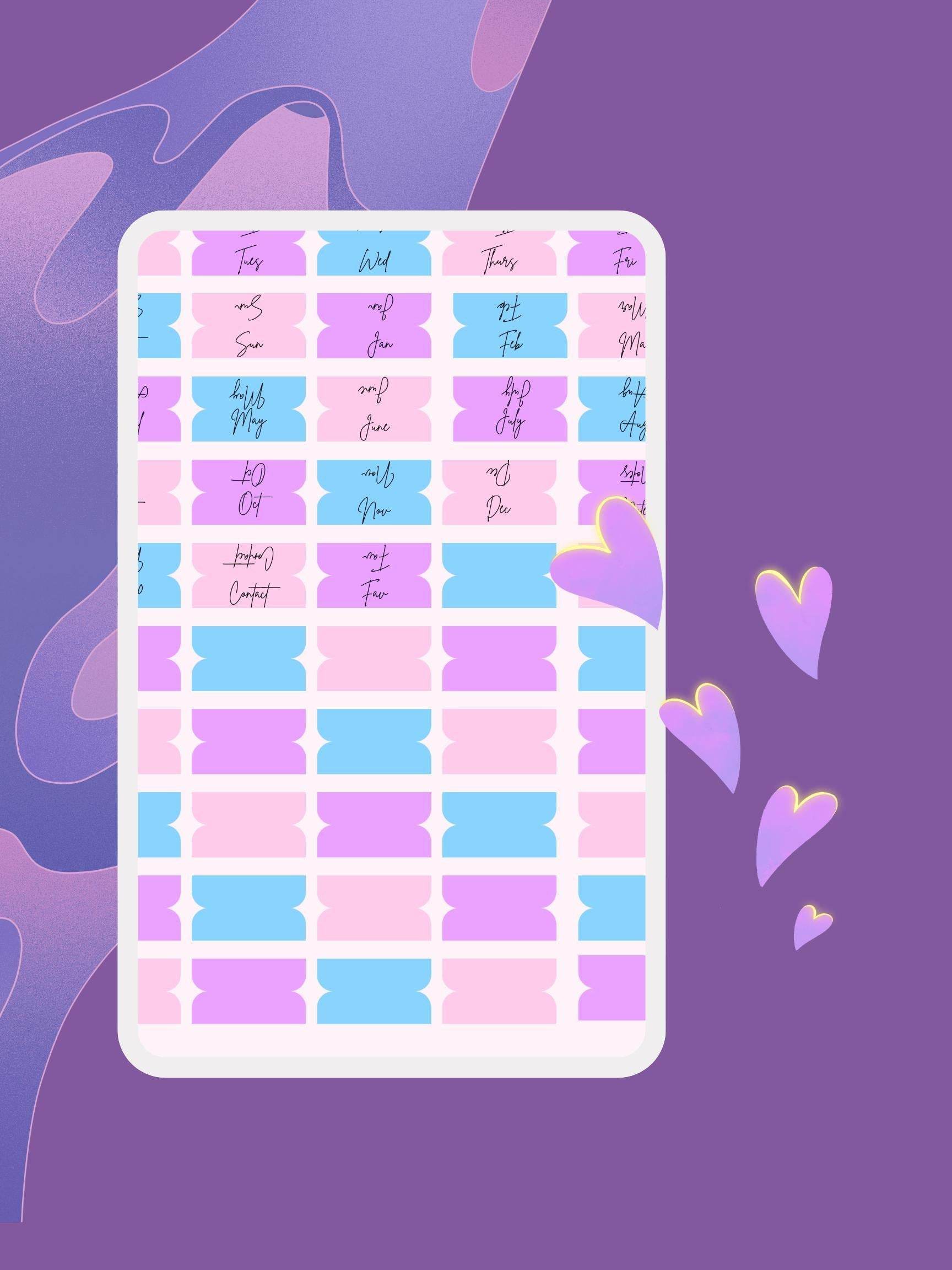 Aesthetic Digital Planner Tabs - Pink & Blue Digital product vendor-aesthetic-digital-planner-tabs-pastel-monthly-labels-on-purple-phone-background My Store