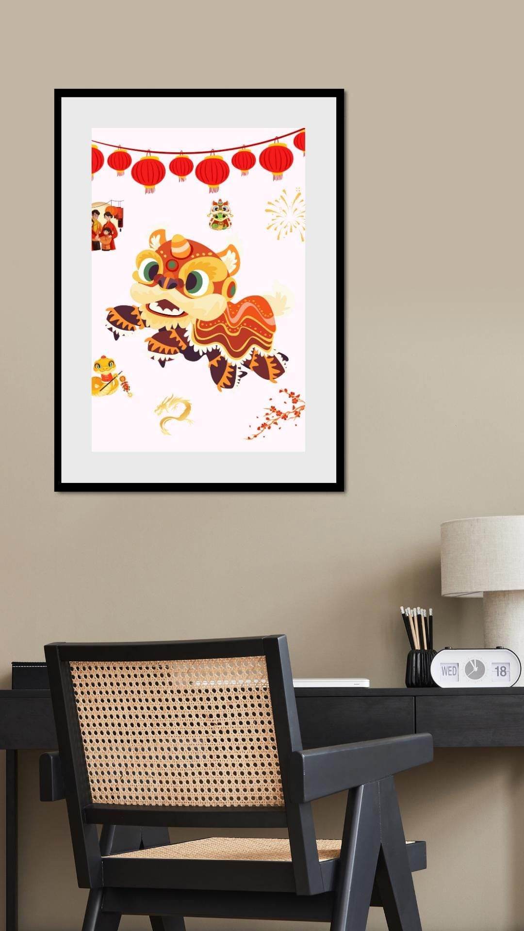 Chinese New Year Wall Art Digital Download Digital product vendor-chinese-new-year-wall-art-lion-dance-black-frame-office My Store