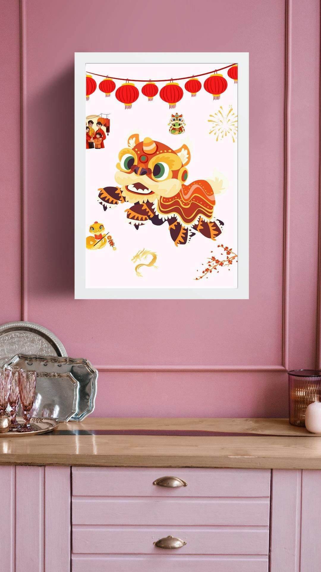 Chinese New Year Wall Art Digital Download Digital product vendor-chinese-new-year-wall-art-lion-dance-white-mat-pink-wall My Store