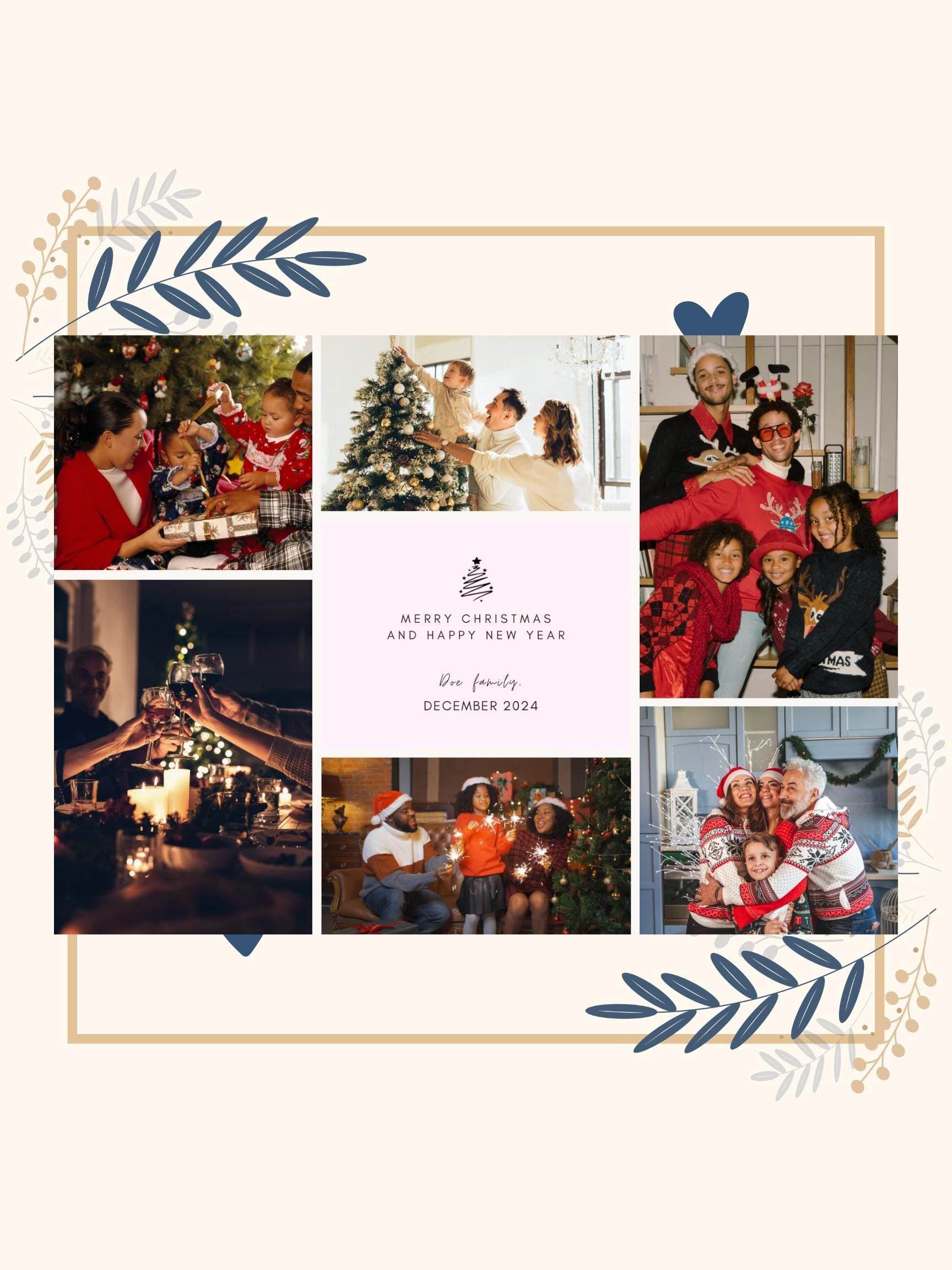 Personalized Family Christmas Card 2024 Digital Download Digital product vendor-personalized-family-christmas-card-2024-floral-frame-blue-beige My Store