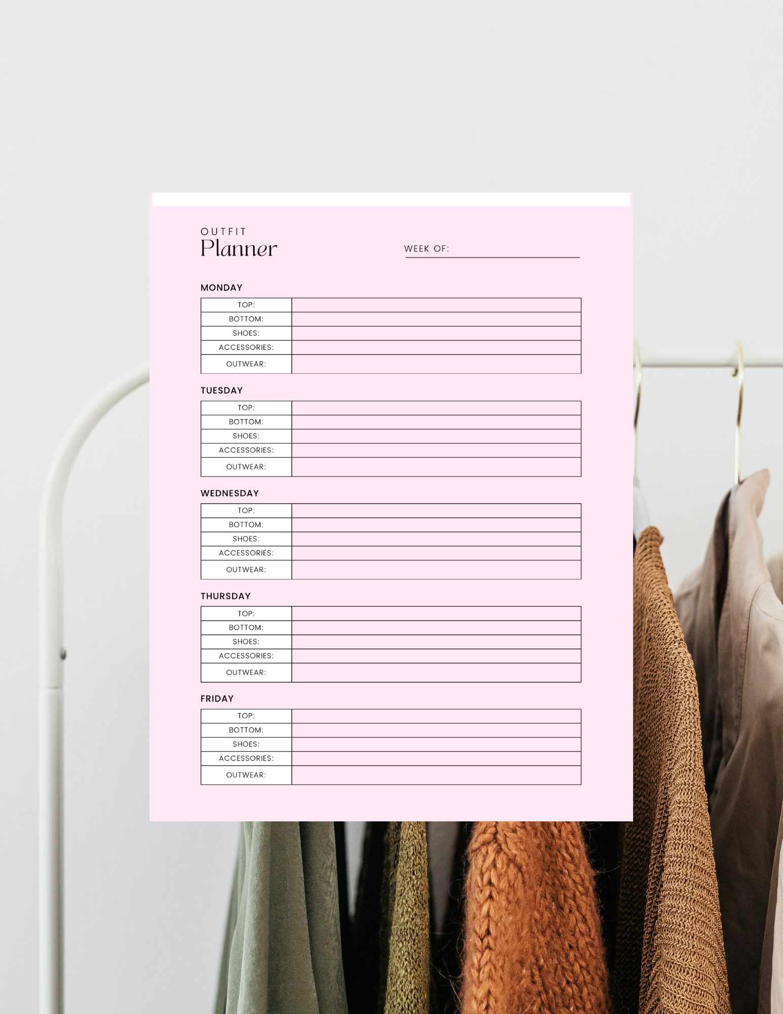 Weekly Wardrobe Organizer Printable PDF Digital product weekly-wardrobe-organizer-printable-outfit-planner-pink-hanging-closet GirlyDesignUS