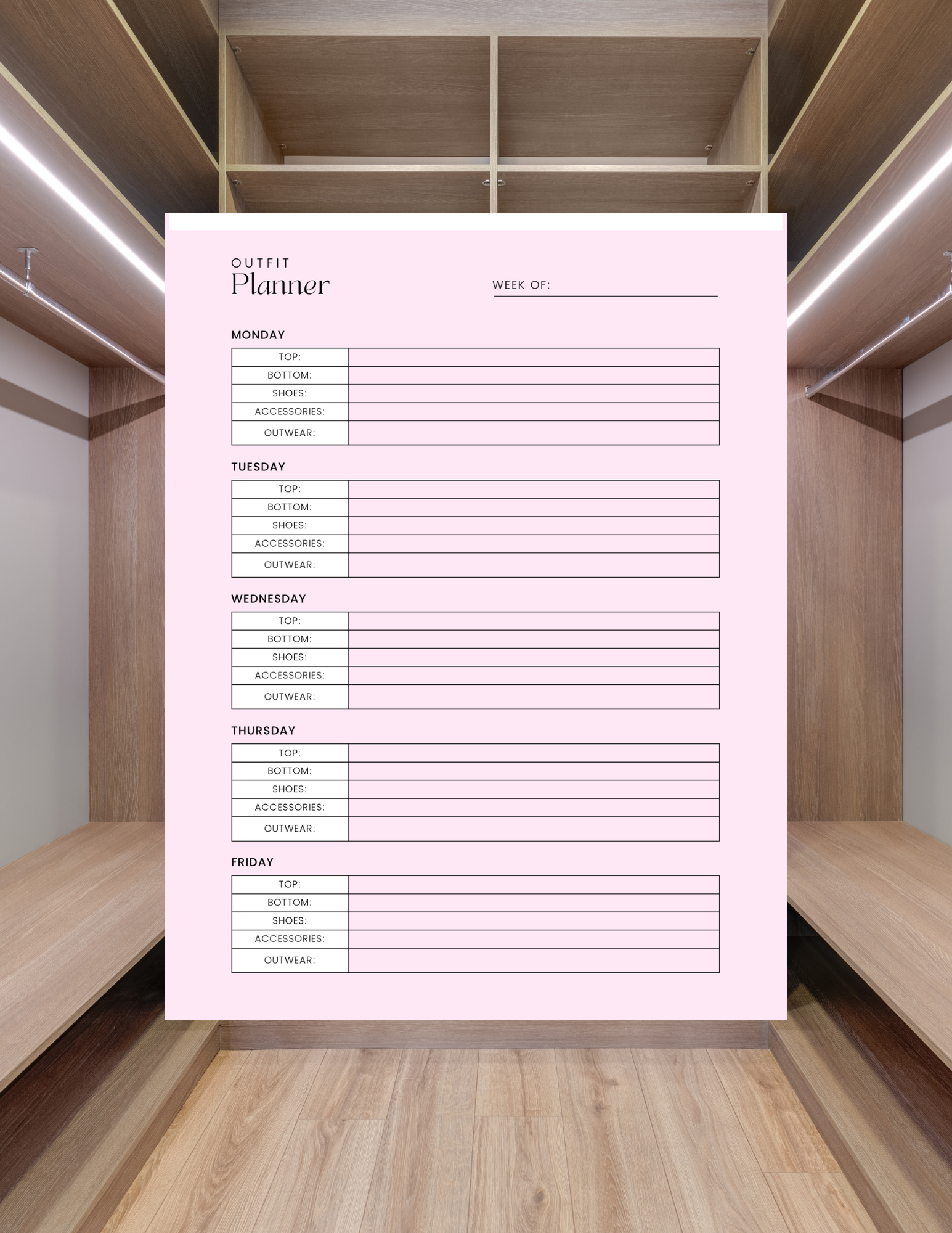 Weekly Wardrobe Organizer Printable PDF Digital product weekly-wardrobe-organizer-printable-outfit-planner-pink-in-empty-wood-closet GirlyDesignUS