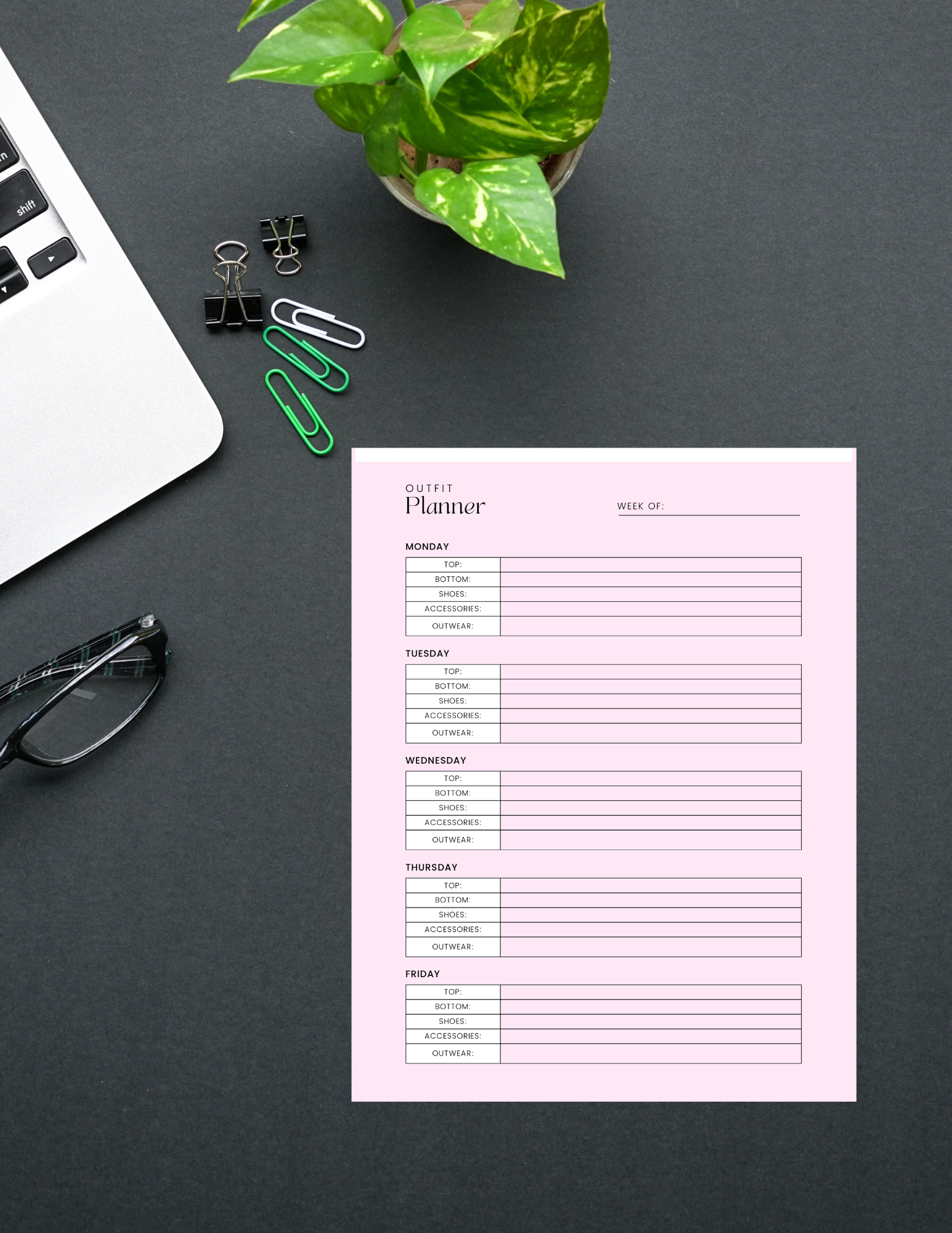 Weekly Wardrobe Organizer Printable PDF Digital product weekly-wardrobe-organizer-printable-outfit-planner-pink-on-desk-black-background GirlyDesignUS