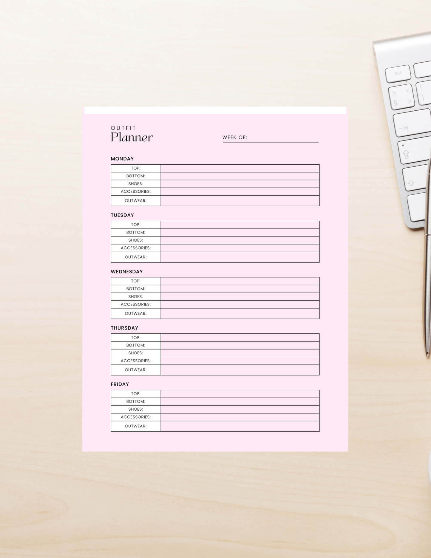 Weekly Wardrobe Organizer Printable PDF Digital product weekly-wardrobe-organizer-printable-outfit-planner-pink-on-wood-desk-with-keyboard GirlyDesignUS