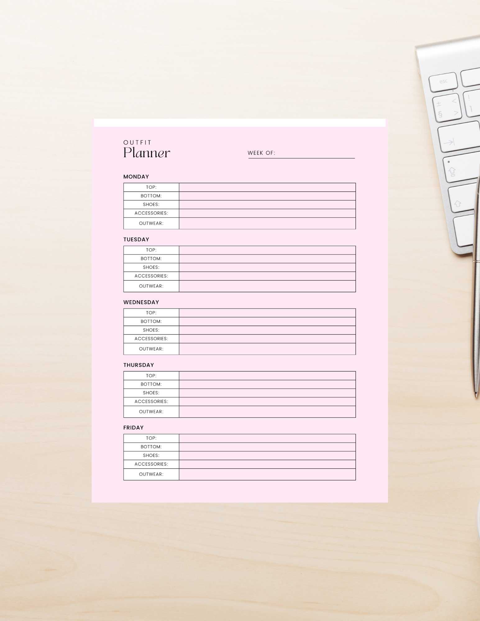 Weekly Wardrobe Organizer Printable PDF Digital product weekly-wardrobe-organizer-printable-outfit-planner-pink-on-wood-desk-with-keyboard GirlyDesignUS