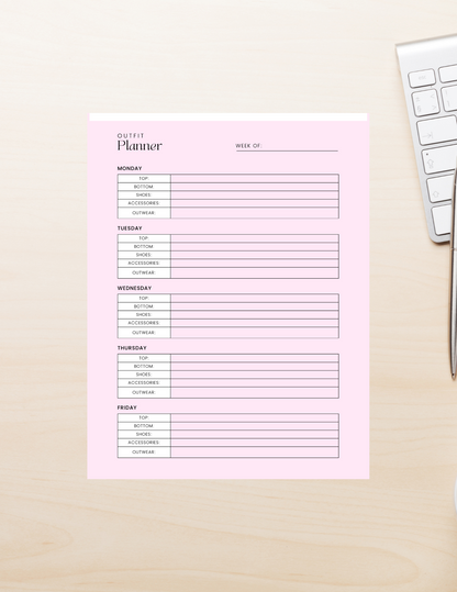Weekly Wardrobe Organizer Printable PDF Digital product weekly-wardrobe-organizer-printable-outfit-planner-pink-on-wood-desk-with-keyboard GirlyDesignUS