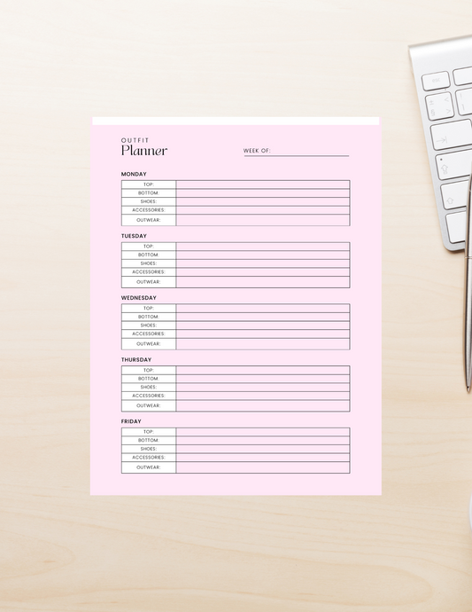 Weekly Wardrobe Organizer Printable PDF Digital product weekly-wardrobe-organizer-printable-outfit-planner-pink-on-wood-desk-with-keyboard GirlyDesignUS